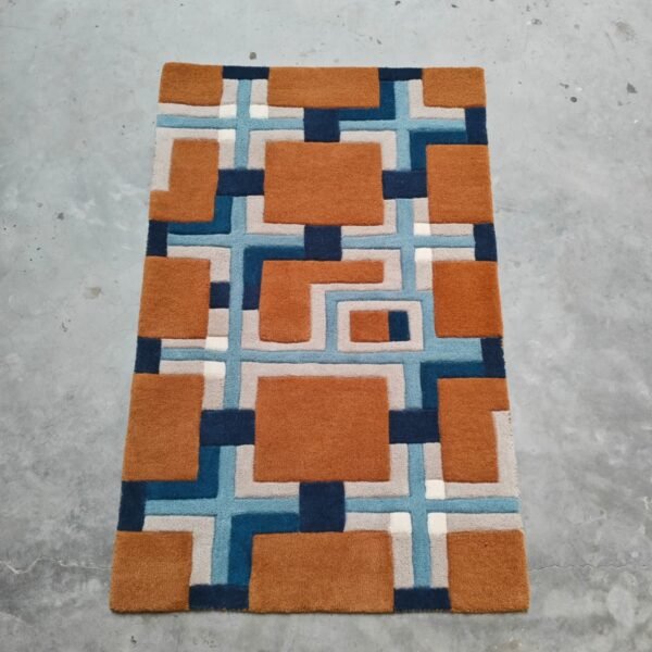 Contemporary Geometric Hand Tufted Wool Rug featuring abstract rectangular design in brown, navy, and ivory tones.