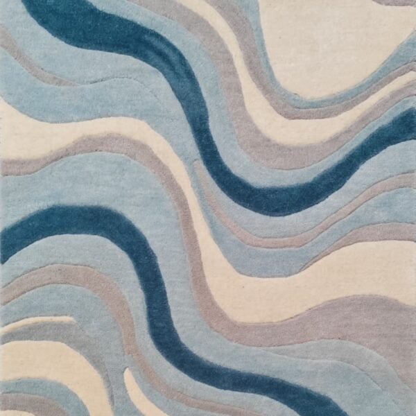 Abstract Hand Tufted Wool Rug with flowing blue wave pattern for modern living room.